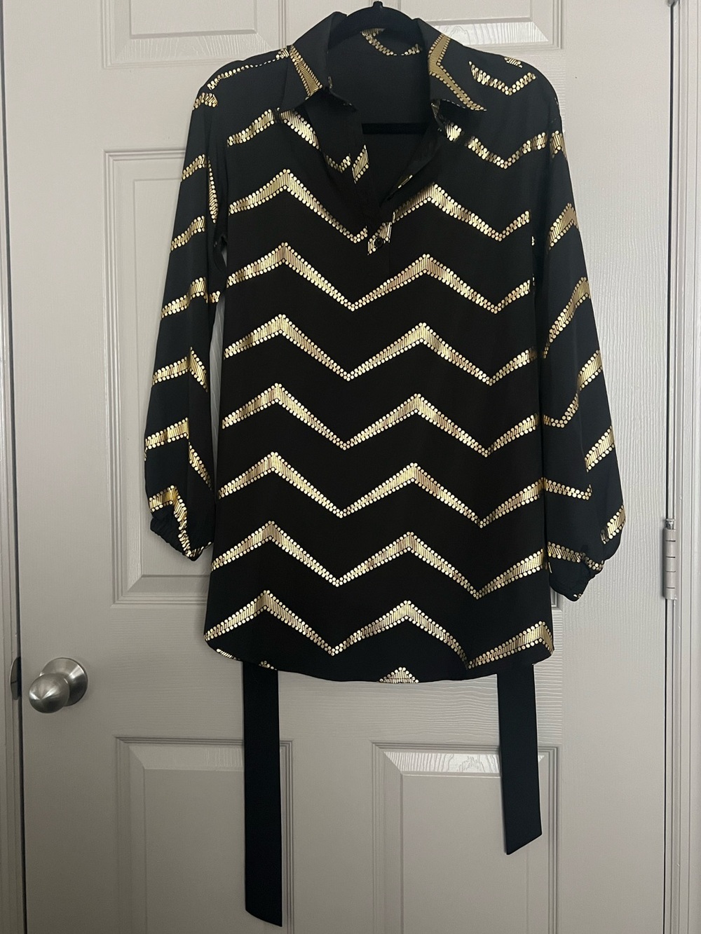 Black Blouse with Gold Chevron Metallic Stripes-small